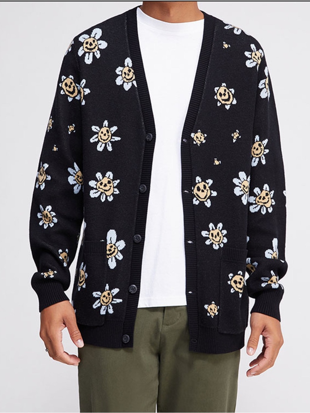 Vans Black Cardigan with Blue and Cream Floral Pattern